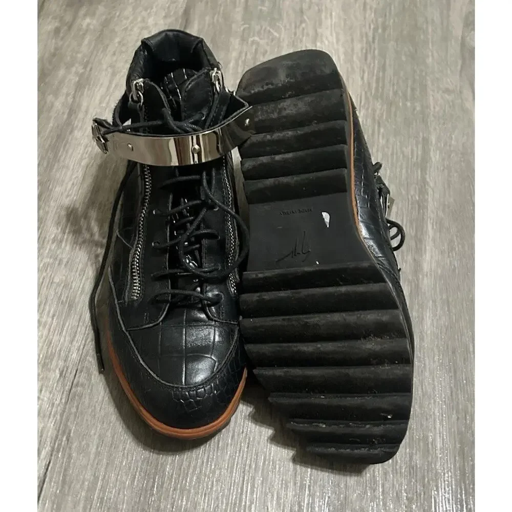 Giuseppe Zanotti Black Croc Embossed Leather High Top Sneakers Double Zip EU 39